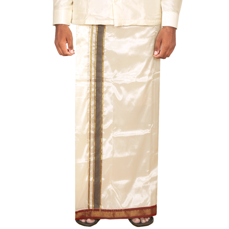 Art Silk 5 Kan Cream Velcro Dhoti | Double Layer | Mayilkan Border | Kannika