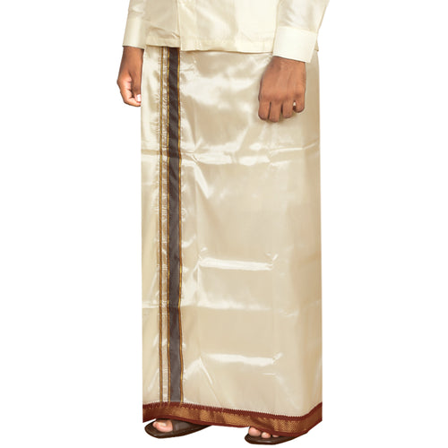 Art Silk 5 Kan Cream Dhoti with Angavastram | Double Layer | Mayilkan Border | Kannika