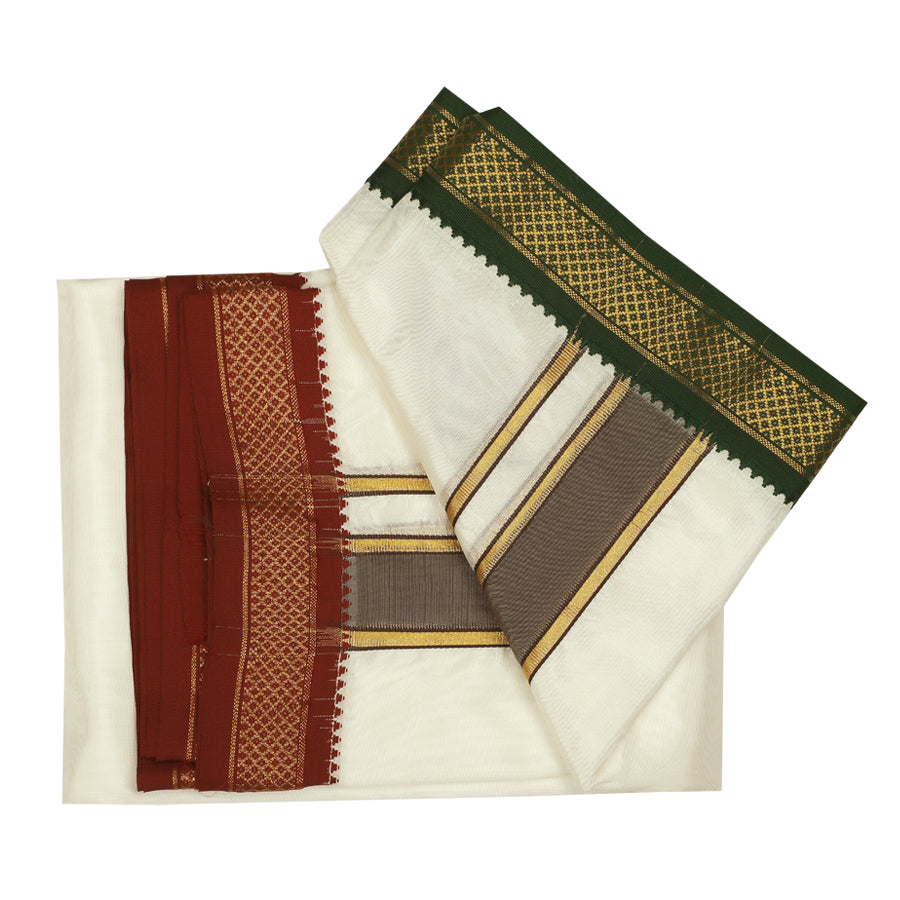 Art Silk 5 Kan Cream Velcro Dhoti | Double Layer | Mayilkan Border | Kannika