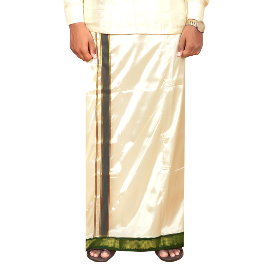 Art Silk 7 Kan Cream Velcro Dhoti | Double Layer | Mayilkan Border | Kannika