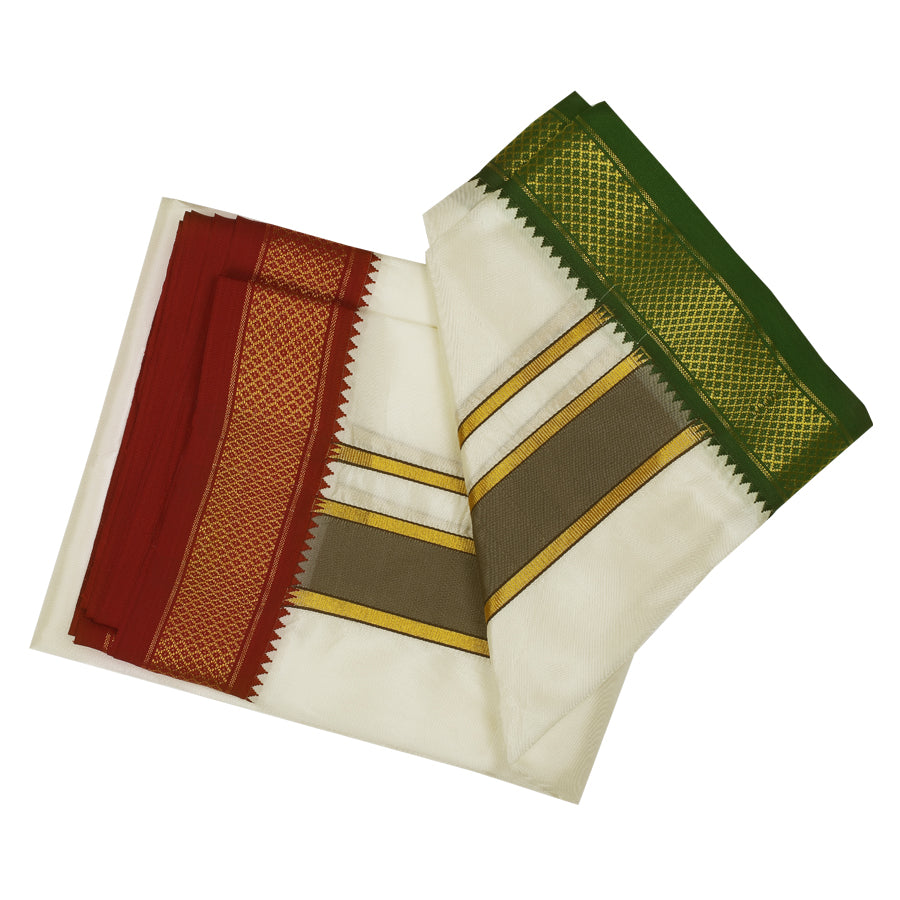 Art Silk 7 Kan Cream Velcro Dhoti | Double Layer | Mayilkan Border | Kannika