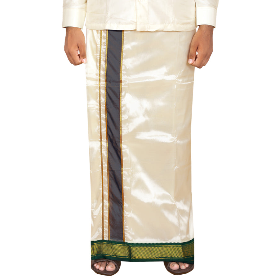 Art Silk 9 Kan Cream Velcro Dhoti | Double Layer | Mayilkan Border | Kannika
