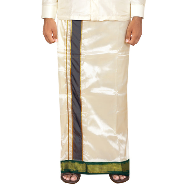 Art Silk 9 Kan Cream Velcro Dhoti | Double Layer | Mayilkan Border | Kannika