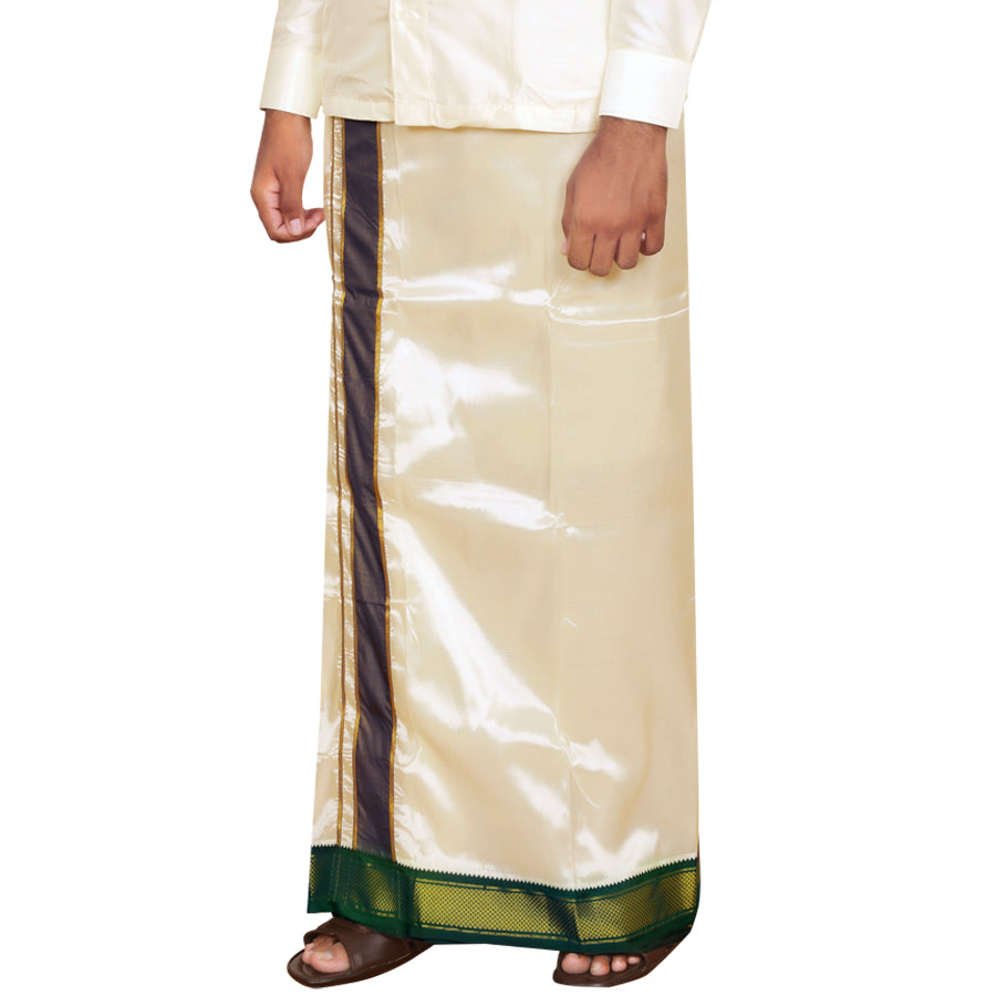 Art Silk 9 Kan Cream Velcro Dhoti | Double Layer | Mayilkan Border | Kannika