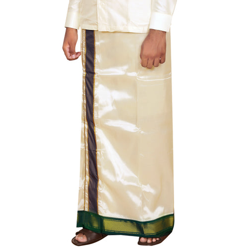 Art Silk 9 Kan Cream Dhoti with Angavastram | Double Layer | Mayilkan Border | Kannika