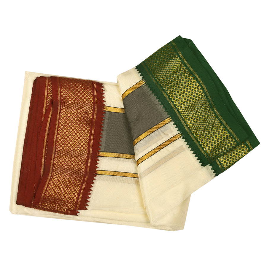 Art Silk 9 Kan Cream Velcro Dhoti | Double Layer | Mayilkan Border | Kannika