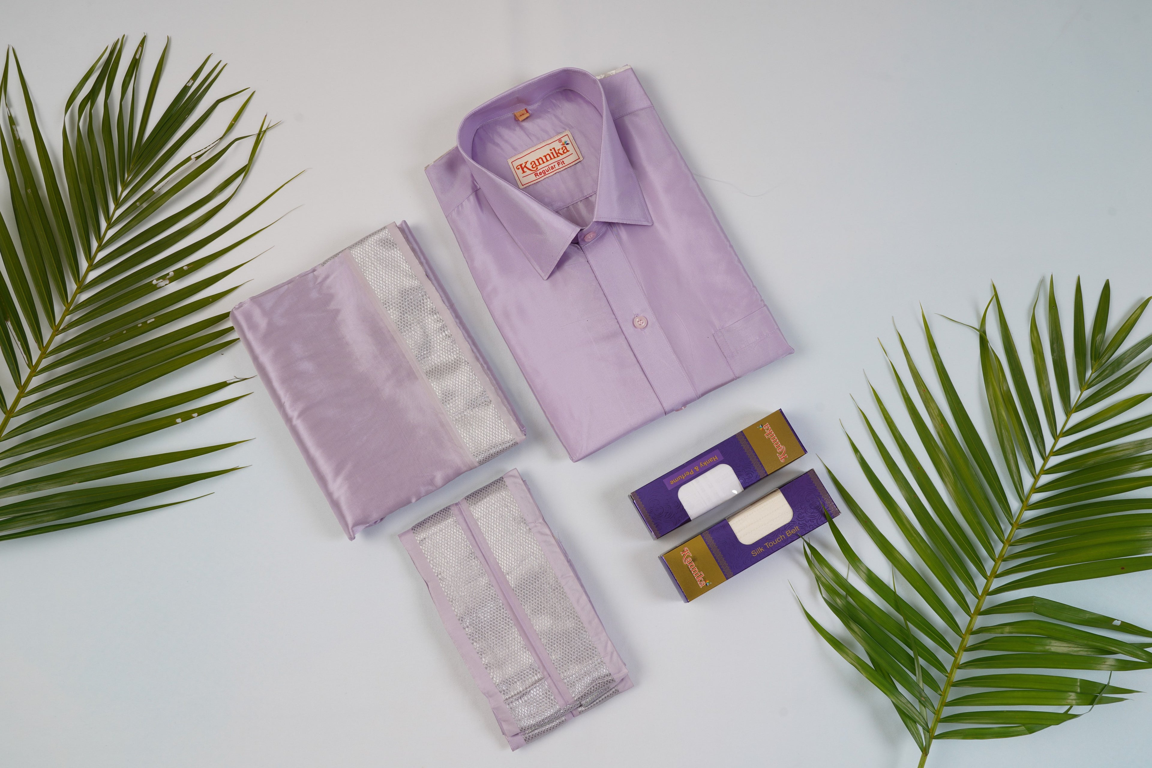 Art Silk Lavander Velcro Mappillai Set | 3-in-1 | Double Layer | 1 1/2" Gold Jari Border