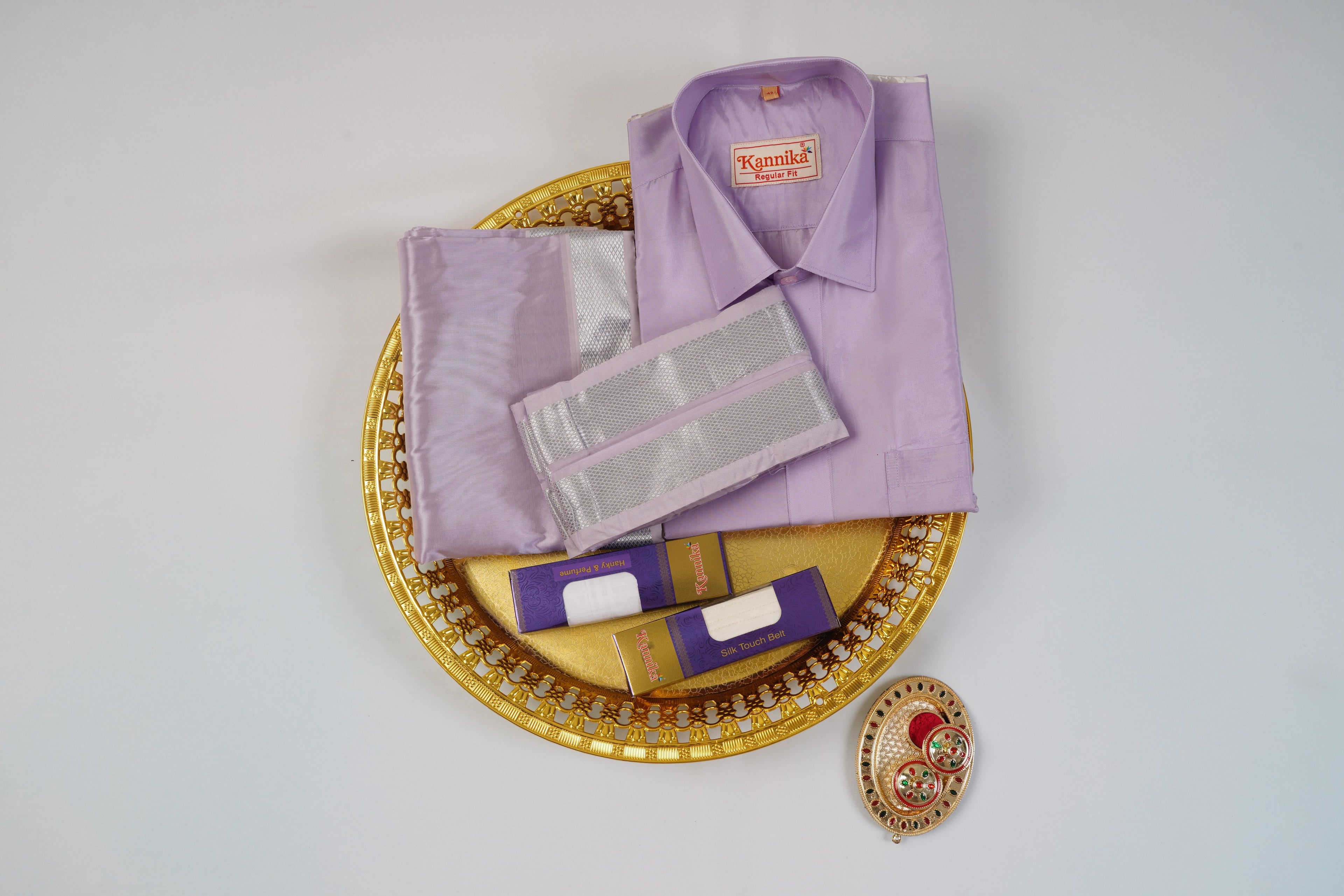 Art Silk Lavander Velcro Mappillai Set | 3-in-1 | Double Layer | 1 1/2" Gold Jari Border