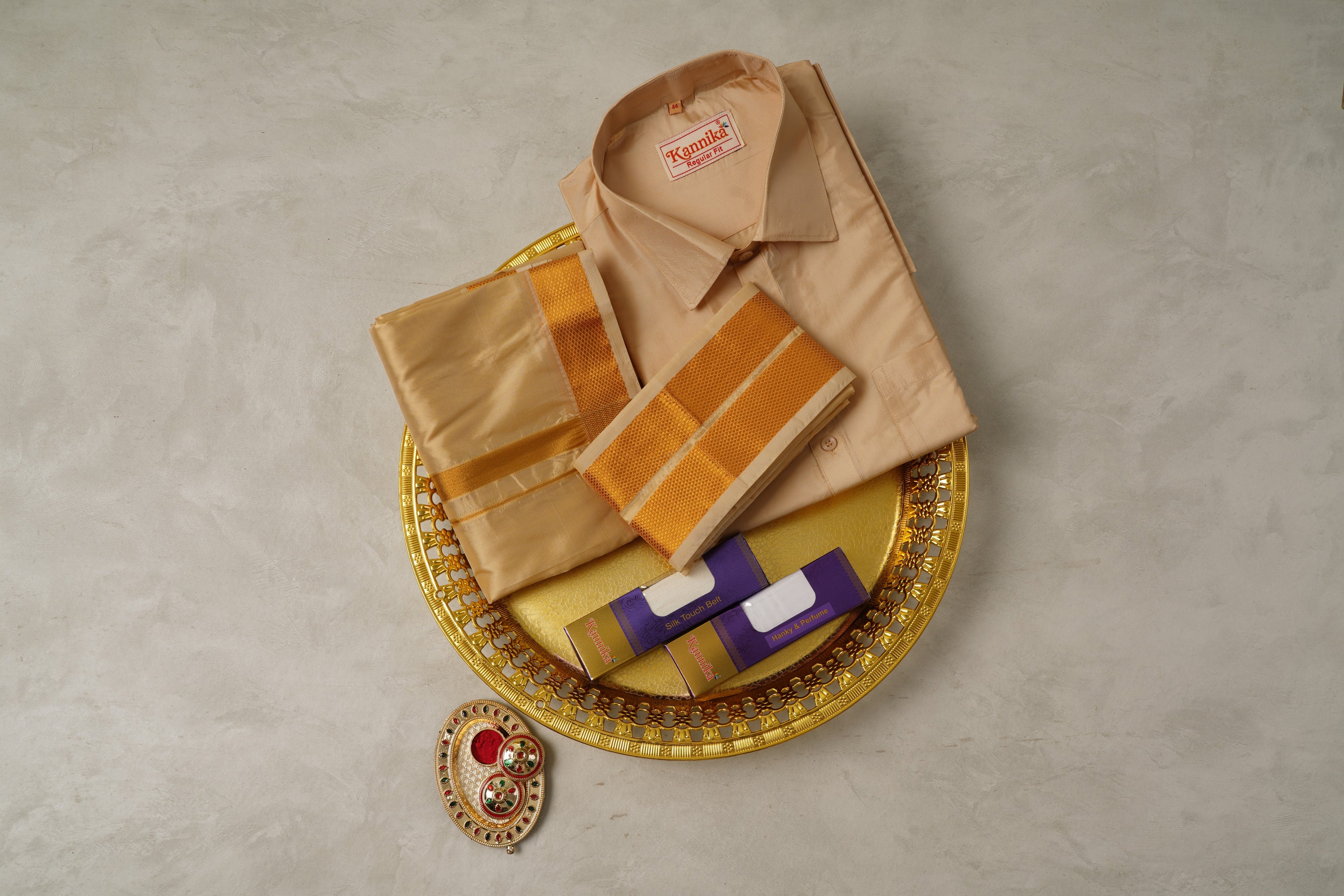 Art Silk Biscuit Velcro Mappillai Set | 3-in-1 | Double Layer | 1 1/2" Gold Jari Border