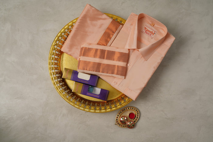 Art Silk Coral Velcro Mappillai Set | 3-in-1 | Double Layer | 1 1/2" Gold Jari Border