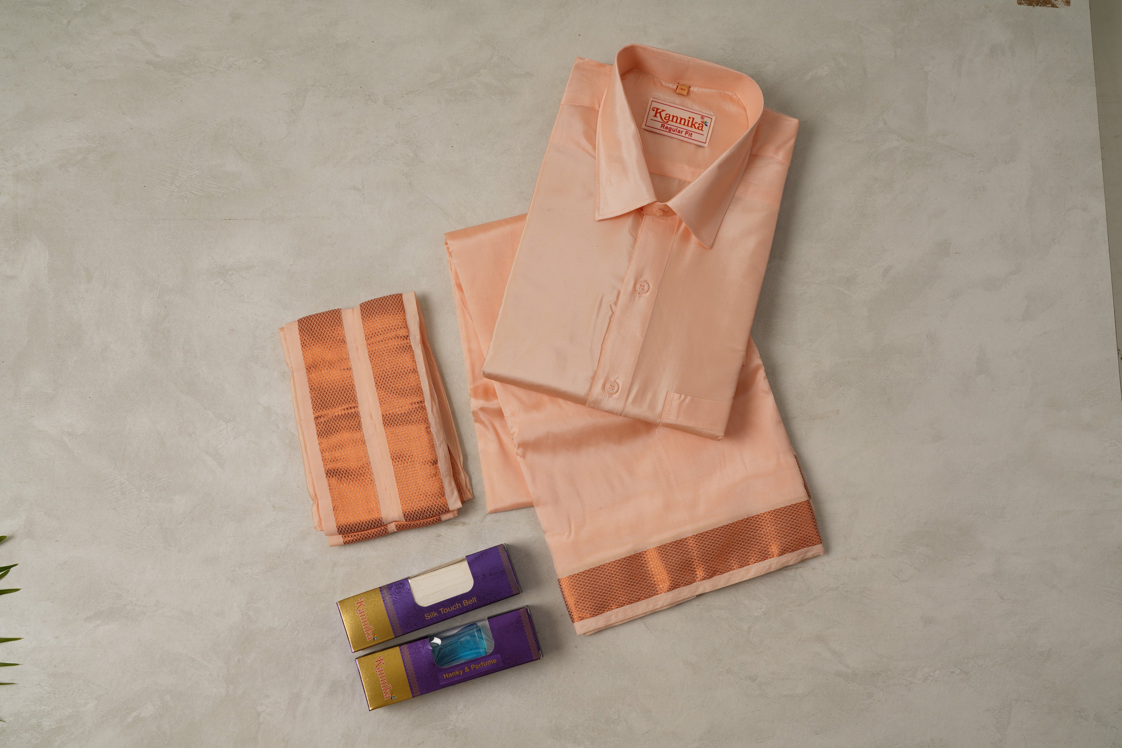 Art Silk Cooper Velcro Mappillai Set | 3-in-1 | Double Layer | 1 1/2" Gold Jari Border