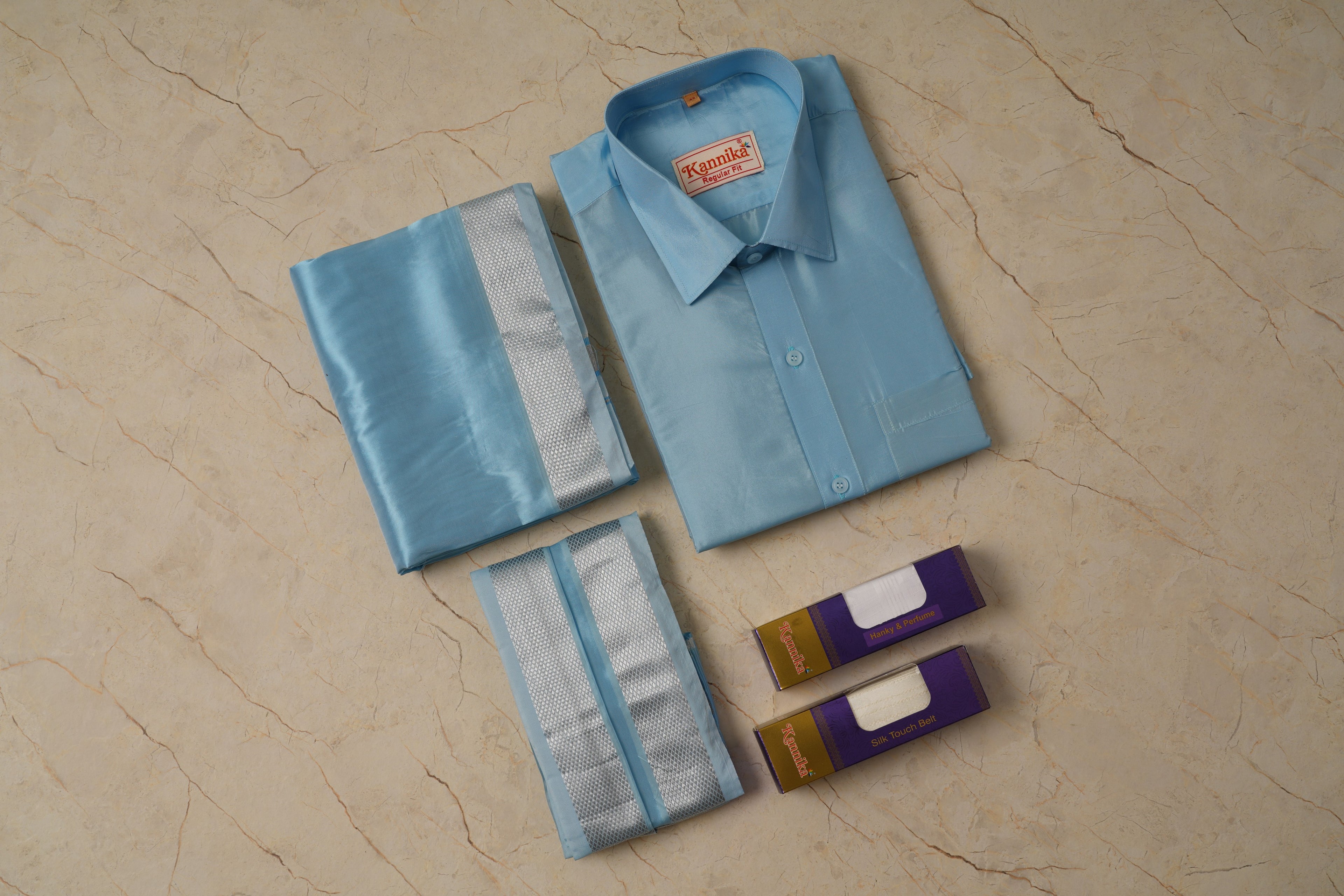 Art Silk Sky Blue Velcro Mappillai Set | 3-in-1 | Double Layer | 1 1/2" Gold Jari Border