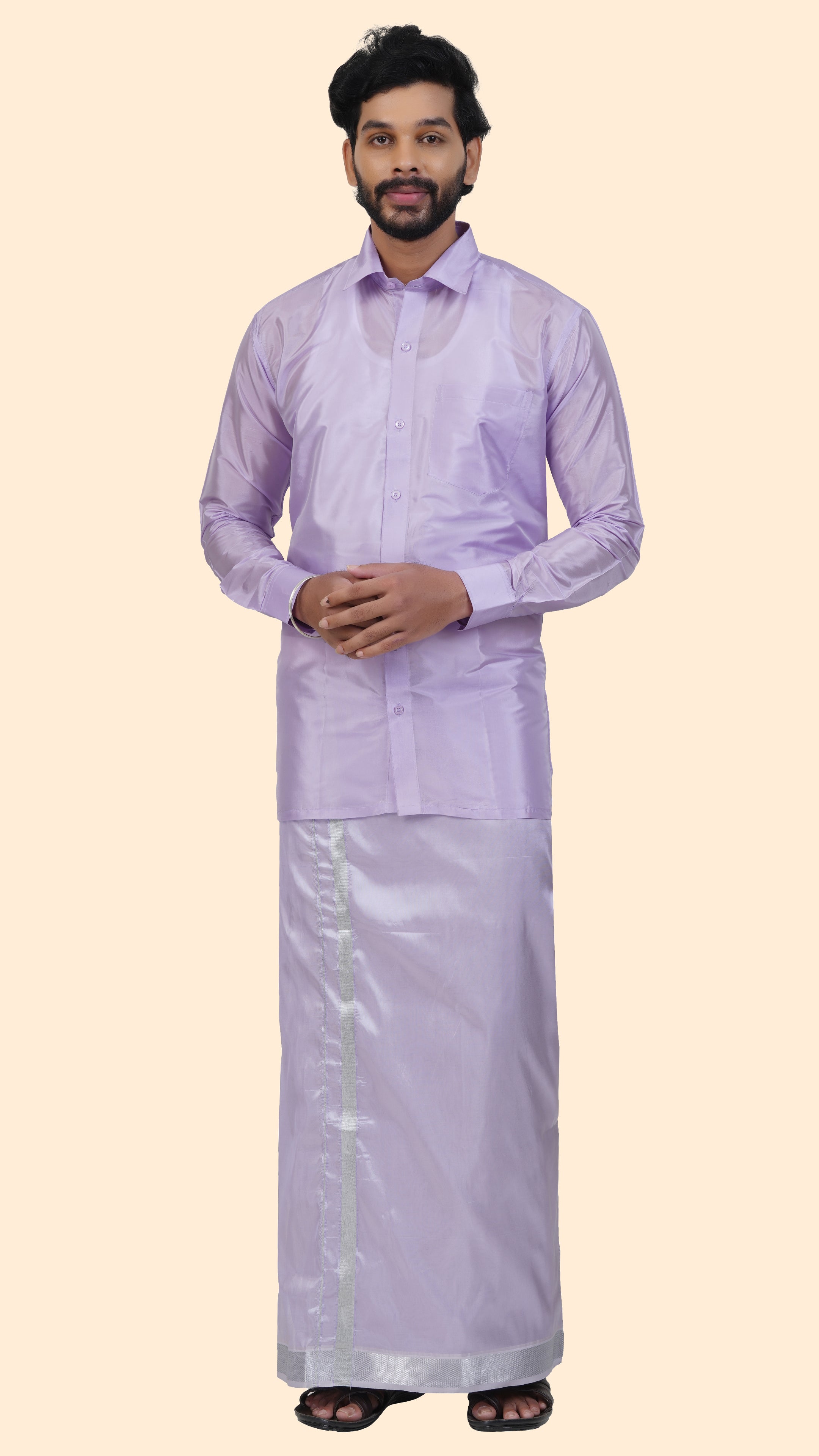 Art Silk Lavander Velcro Mappillai Set | 3-in-1 | Double Layer | 1 1/2" Gold Jari Border