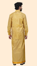 Art Silk Mustard Mappillai Set | 3-in-1 | Double Layer | 1 1/2" Gold Jari Border