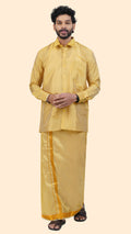Art Silk Mustard Mappillai Set | 3-in-1 | Double Layer | 1 1/2" Gold Jari Border