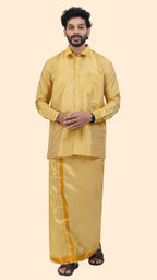 Art Silk Mustard Mappillai Set | 3-in-1 | Double Layer | 1 1/2" Gold Jari Border