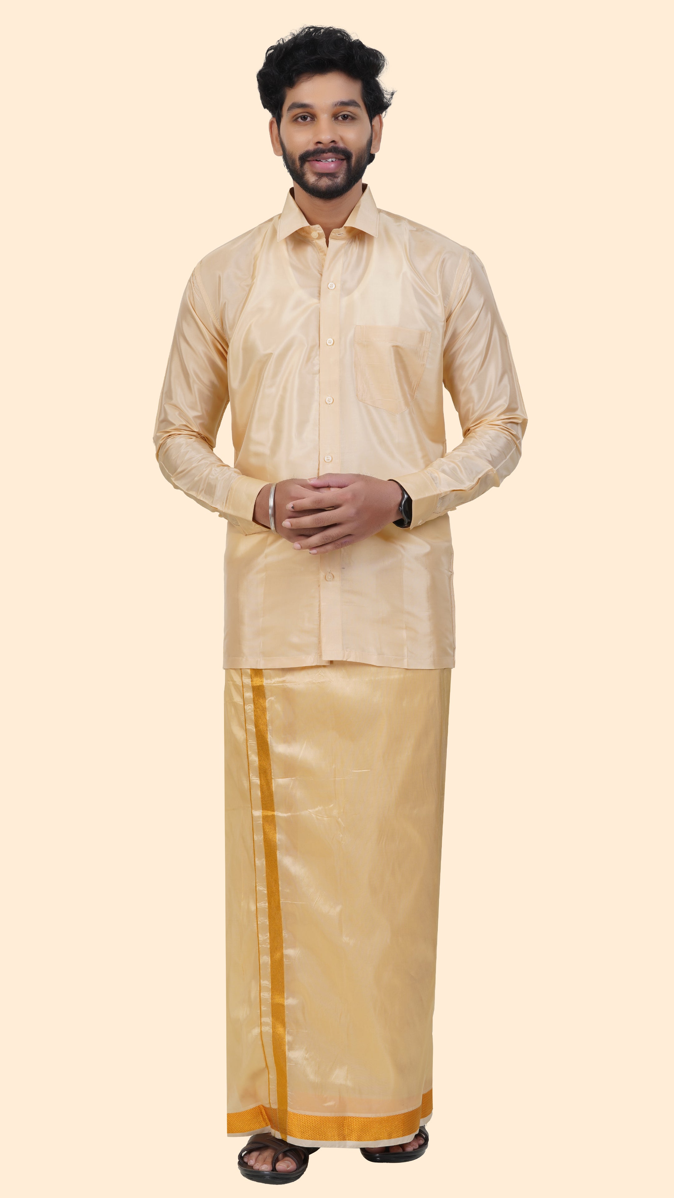 Art Silk Biscuit Velcro Mappillai Set | 3-in-1 | Double Layer | 1 1/2" Gold Jari Border