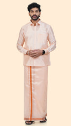 Art Silk Coral Mappillai Set | 3-in-1 | Double Layer | 1 1/2" Gold Jari Border