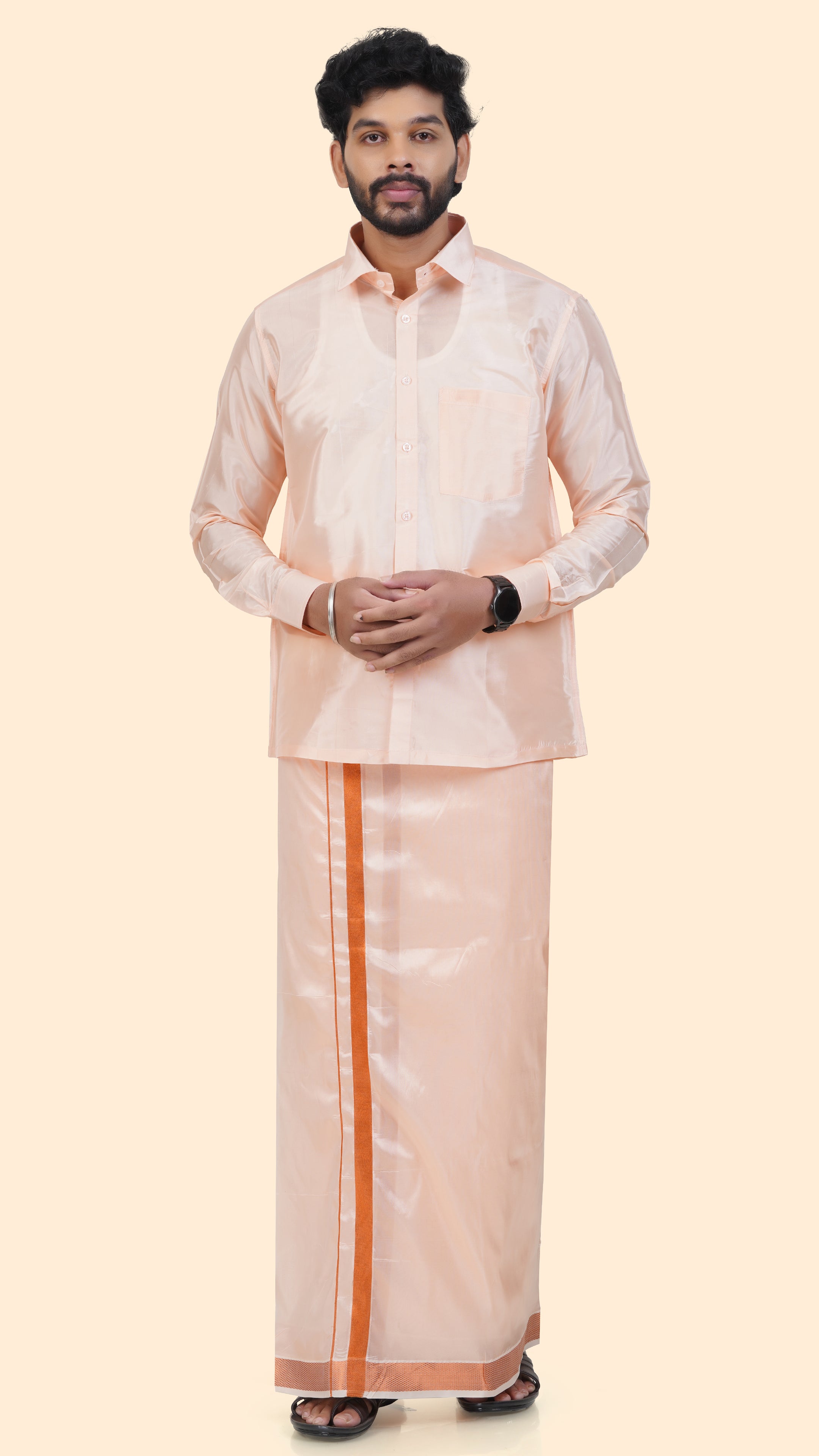 Art Silk Coral Velcro Mappillai Set | 3-in-1 | Double Layer | 1 1/2" Gold Jari Border