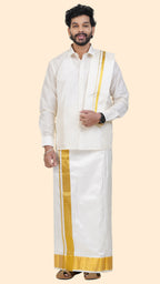 Pure Silk Cream Dhoti with Angavastram | Double Layer | 3" Gold Jari Border