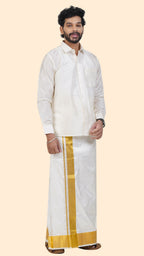 Pure Silk Cream Dhoti | Double Layer | 3" Gold Jari Border