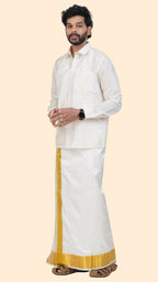 Pure Silk Cream Dhoti | Double Layer | 3" Gold Jari Border