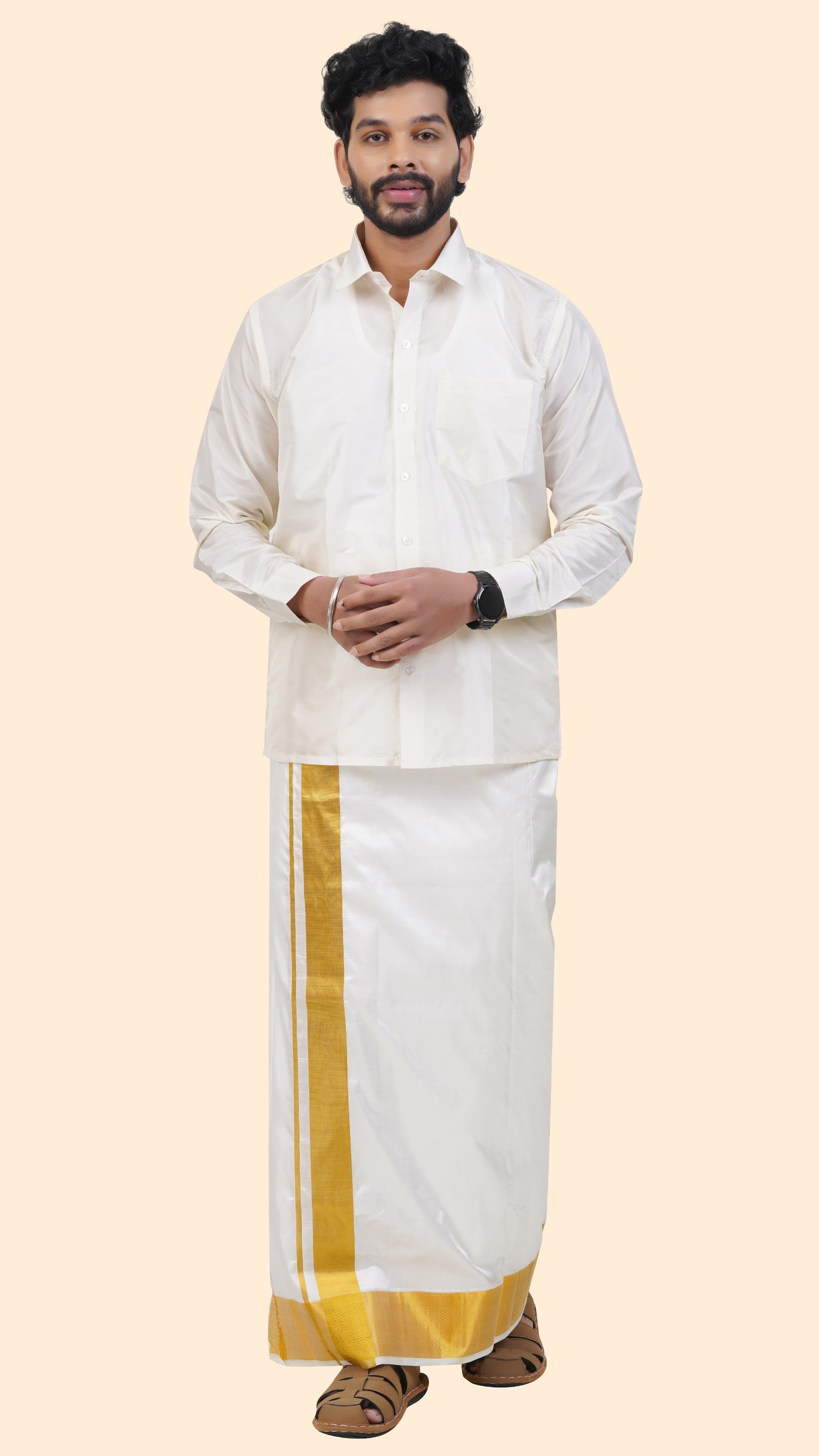 Pure Silk Cream Dhoti | Double Layer | 3" Gold Jari Border
