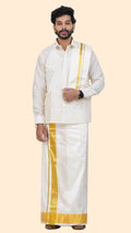 Pure Silk Cream Dhoti with Angavastram | Double Layer | 3 1/2" Gold Jari Border
