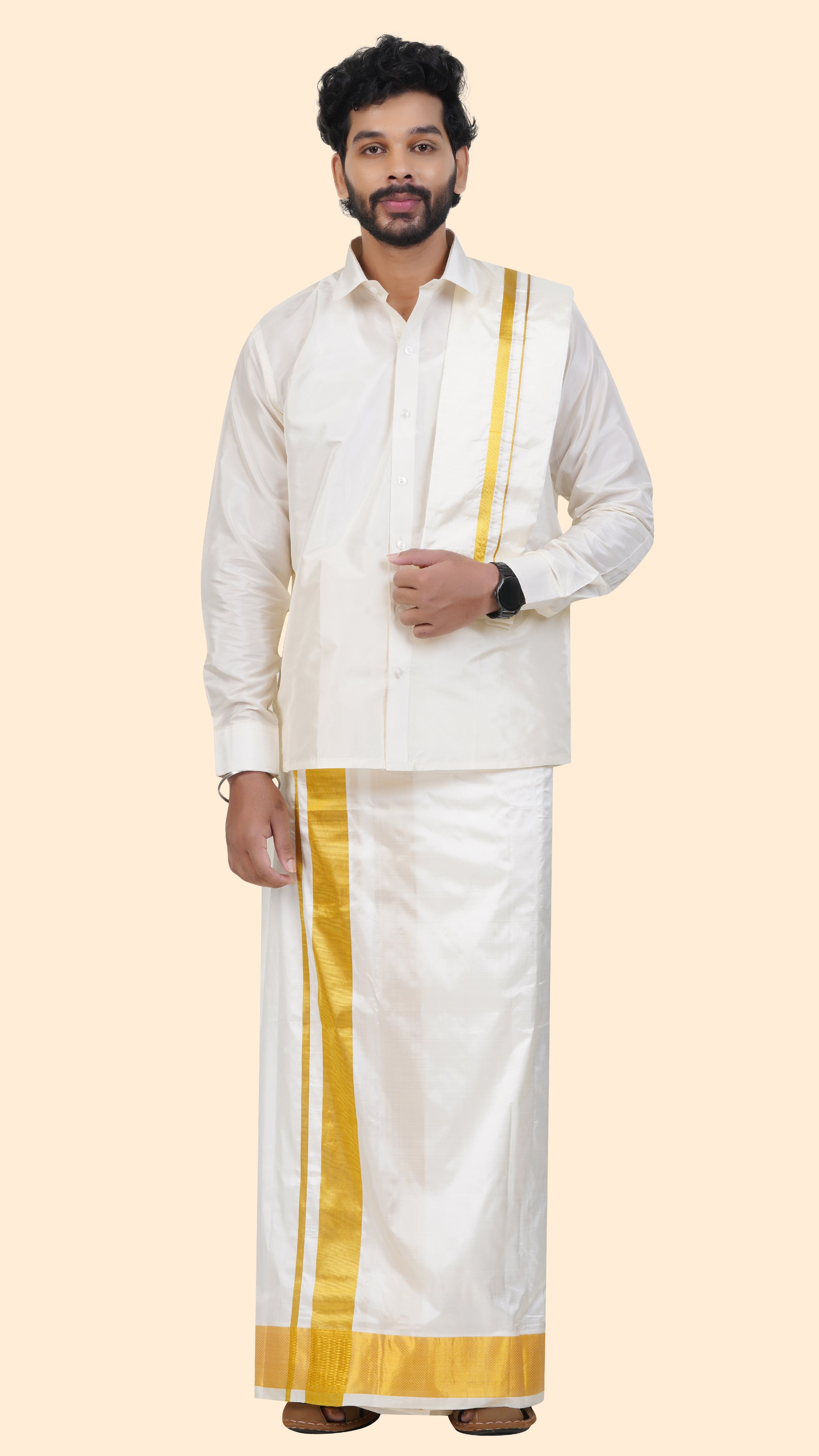 Pure Silk Cream Dhoti with Angavastram | Double Layer | 3 1/2" Gold Jari Border