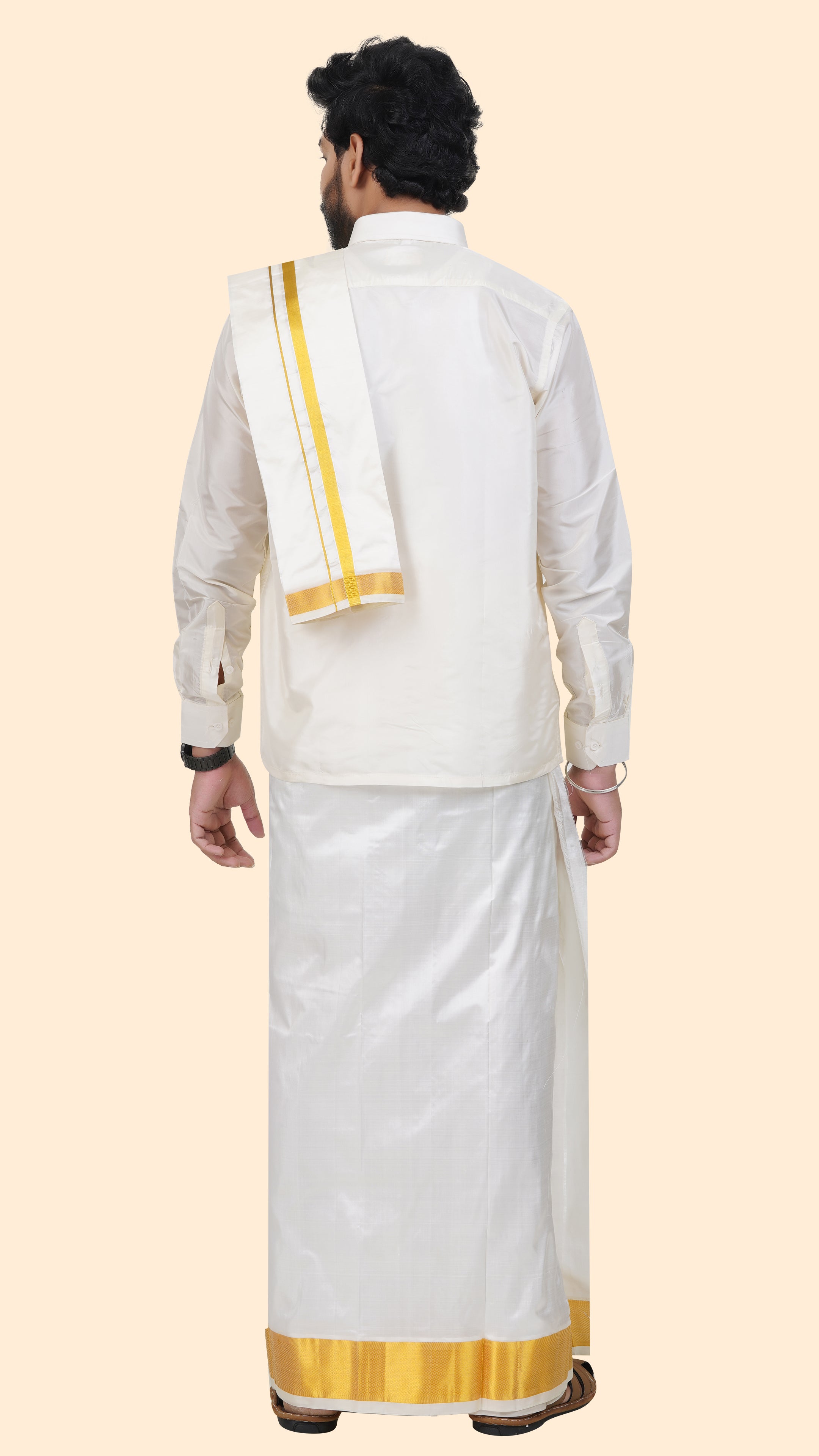 Pure Silk Cream Dhoti with Angavastram | Double Layer | 3 1/2" Gold Jari Border