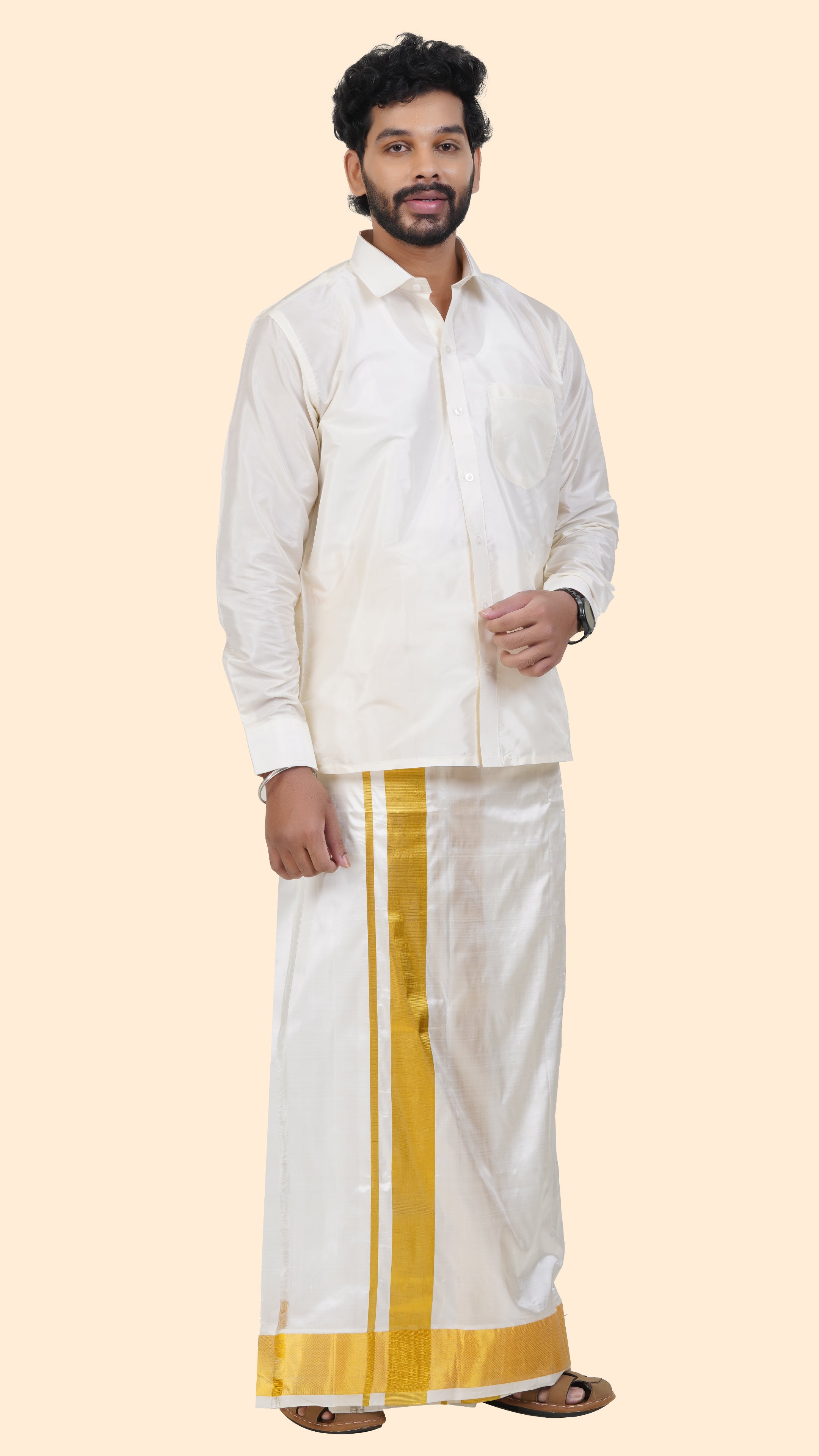 Pure Silk Cream Dhoti | Double Layer | 3 1/2" Gold Jari Border
