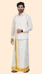 Pure Silk Cream Dhoti | Double Layer | 3 1/2" Gold Jari Border