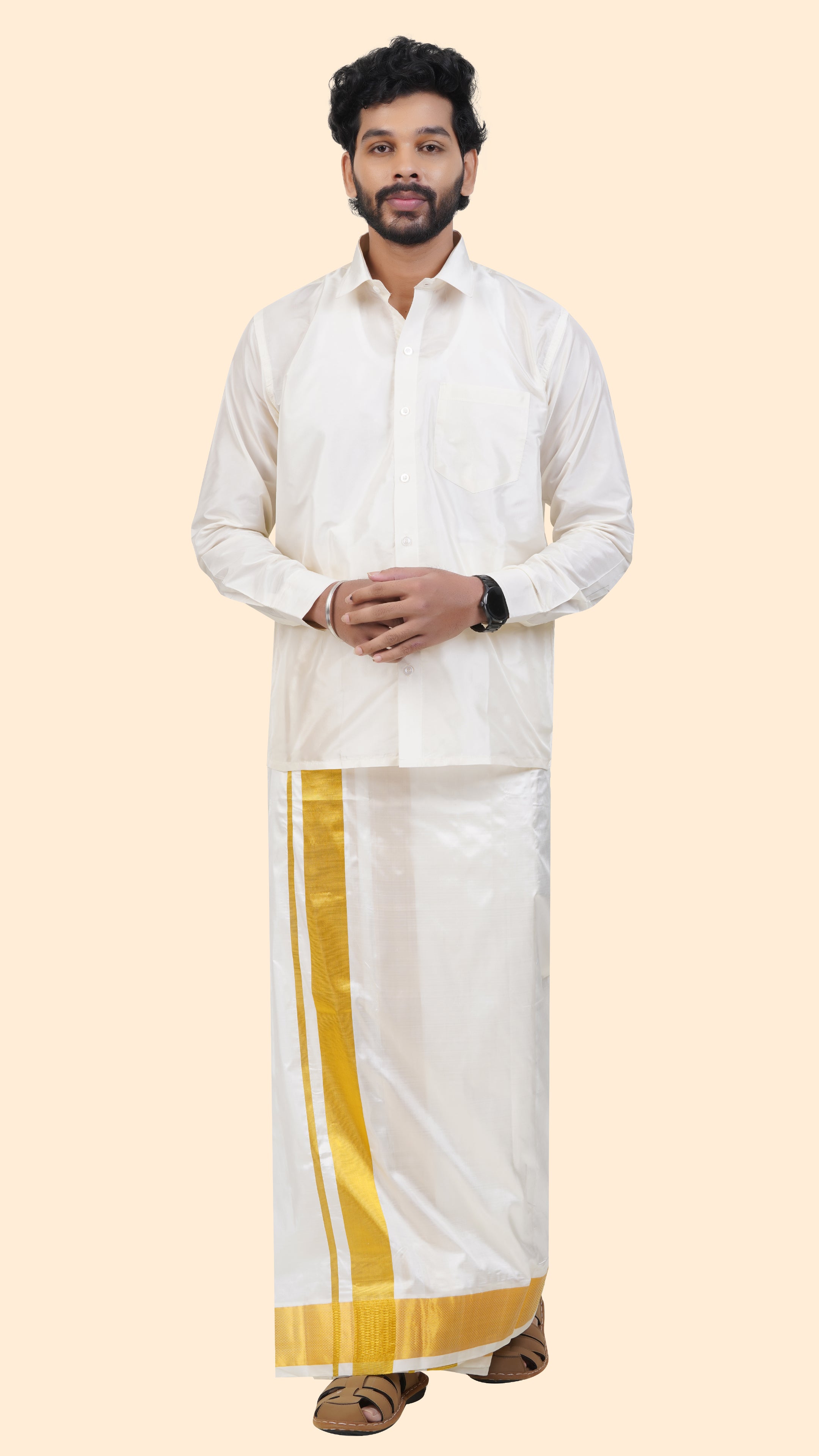 Pure Silk Cream Dhoti | Double Layer | 3 1/2" Gold Jari Border