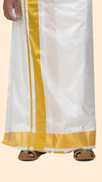 Pure Silk Cream Dhoti | Double Layer | 2 1/2" Gold Jari Border