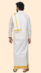 Pure Silk Cream Dhoti with Angavastram | Double Layer | 2 1/2" Gold Jari Border
