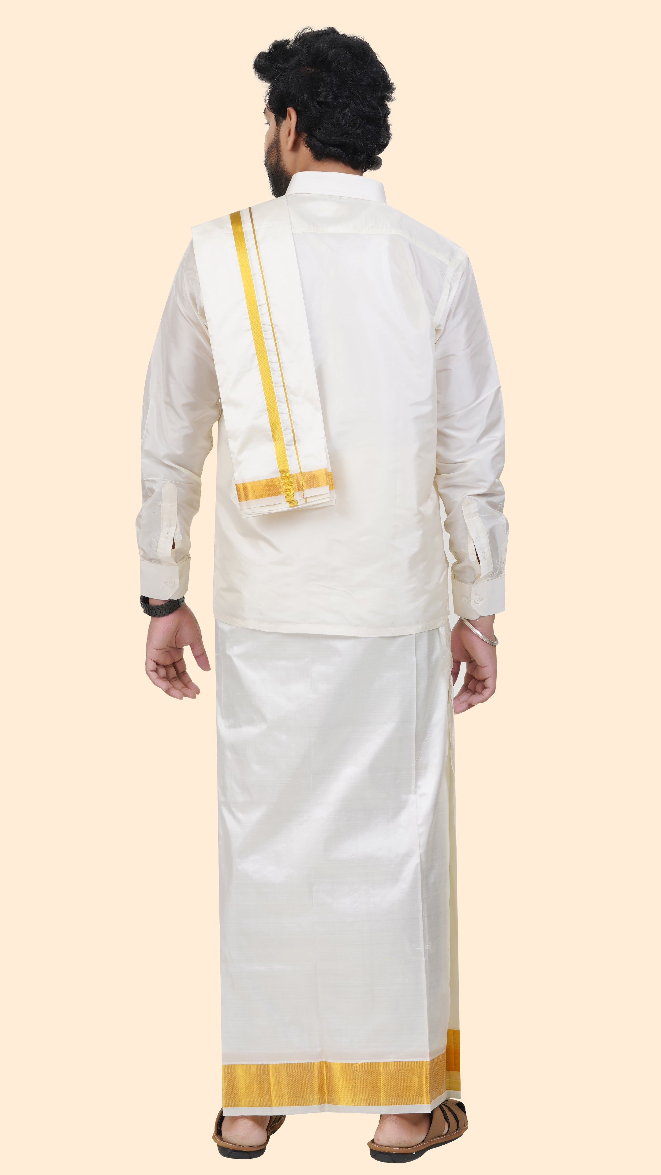 Pure Silk Cream Dhoti with Angavastram | Double Layer | 2 1/2" Gold Jari Border