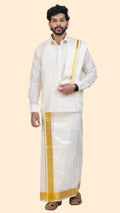 Pure Silk Cream Dhoti with Angavastram | Double Layer | 2 1/2" Gold Jari Border