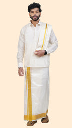 Pure Silk Cream Dhoti with Angavastram | Double Layer | 2 1/2" Gold Jari Border