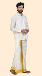 Pure Silk Cream Dhoti | Double Layer | 2 1/2" Gold Jari Border