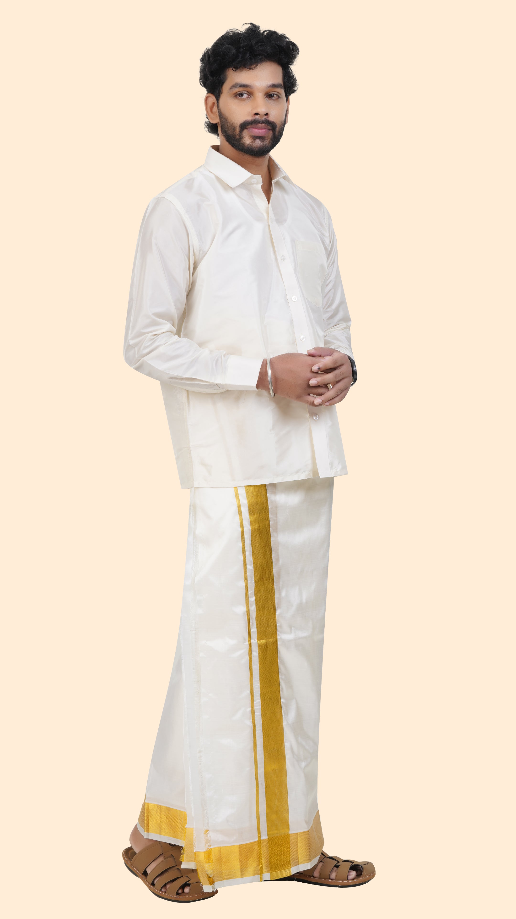 Pure Silk Cream Dhoti | Double Layer | 2 1/2" Gold Jari Border