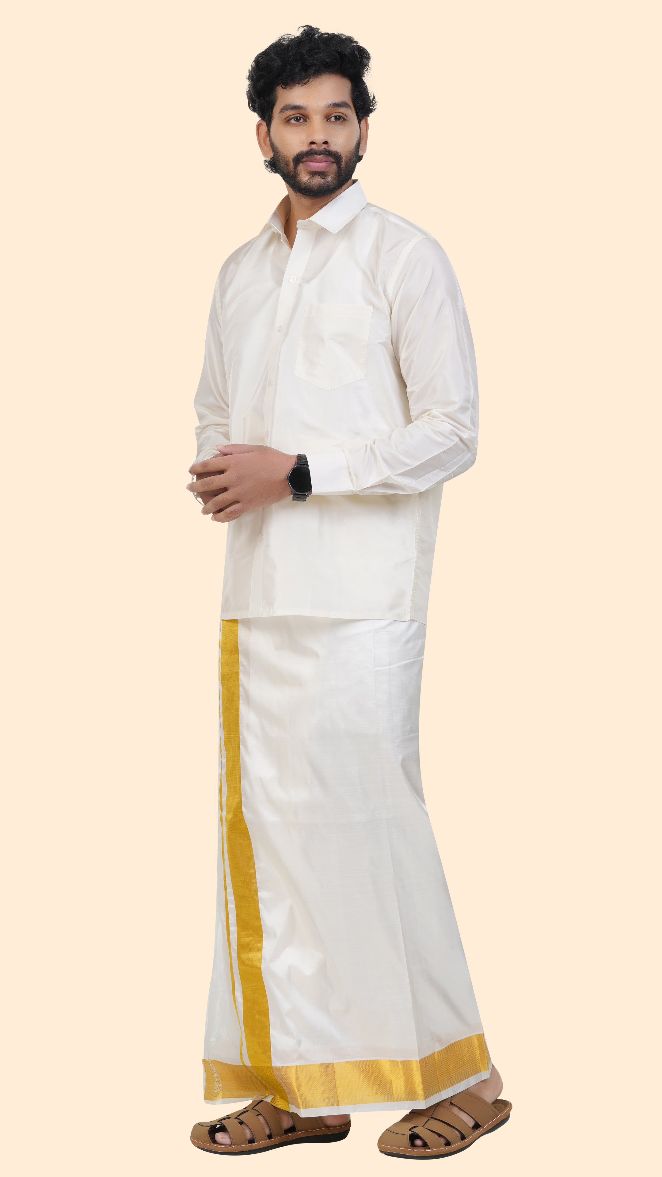 Pure Silk Cream Dhoti | Double Layer | 2 1/2" Gold Jari Border