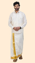 Pure Silk Cream Dhoti | Double Layer | 2 1/2" Gold Jari Border