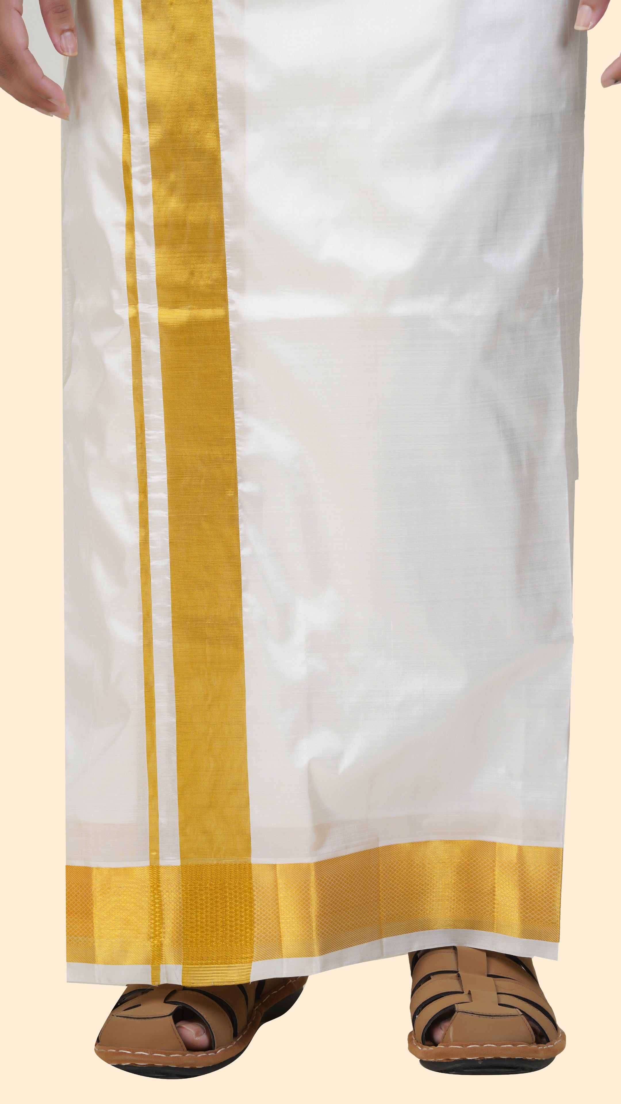 Pure Silk Cream Dhoti | Double Layer | 2" Gold Jari Border
