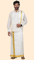 Pure Silk Cream Dhoti with Angavastram | Double Layer | 2" Gold Jari Border