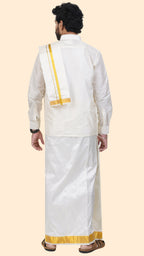 Pure Silk Cream Dhoti with Angavastram | Double Layer | 2" Gold Jari Border