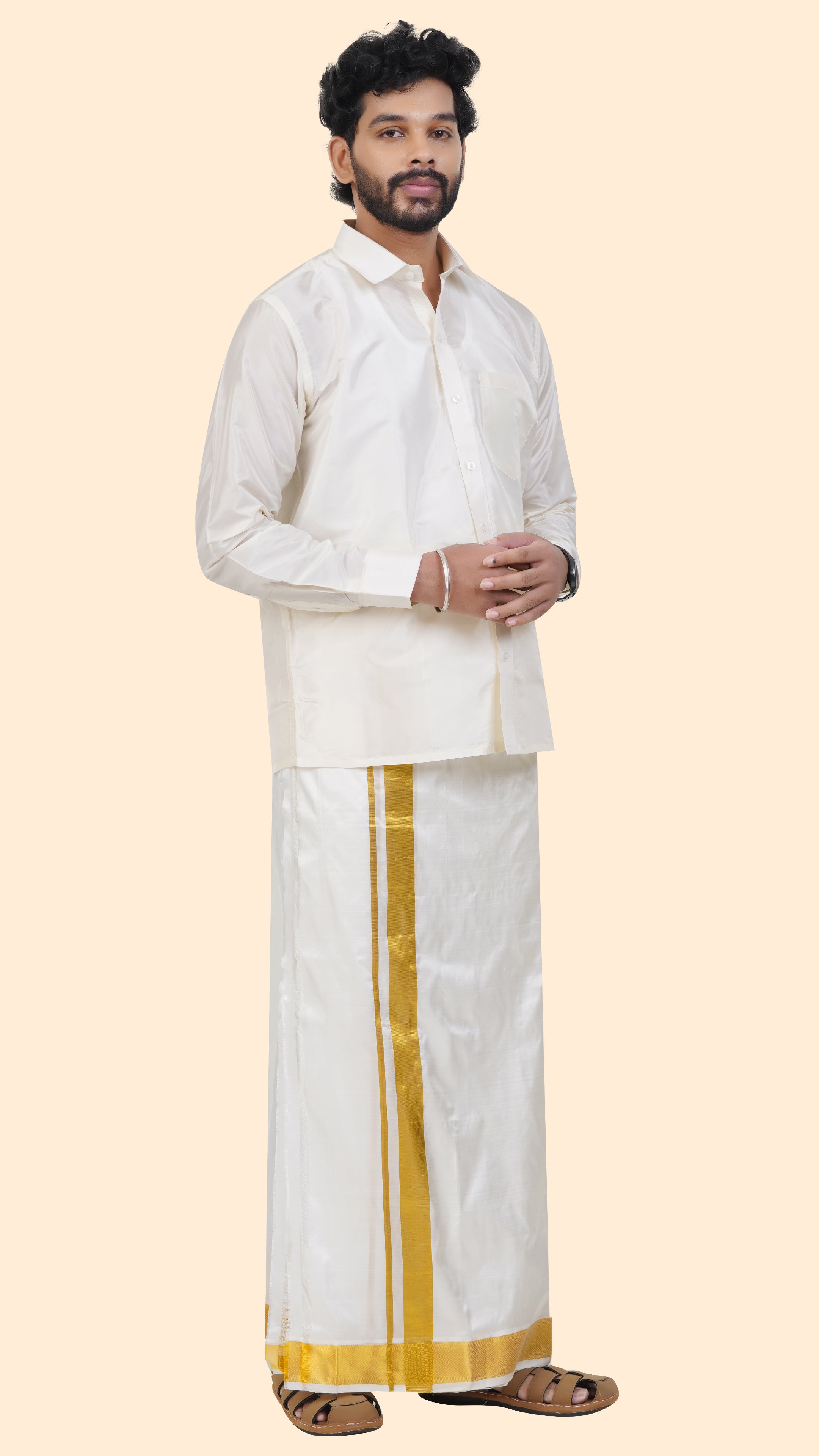 Pure Silk Cream Dhoti | Double Layer | 2" Gold Jari Border