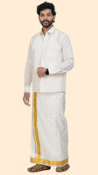 Pure Silk Cream Dhoti | Double Layer | 2" Gold Jari Border
