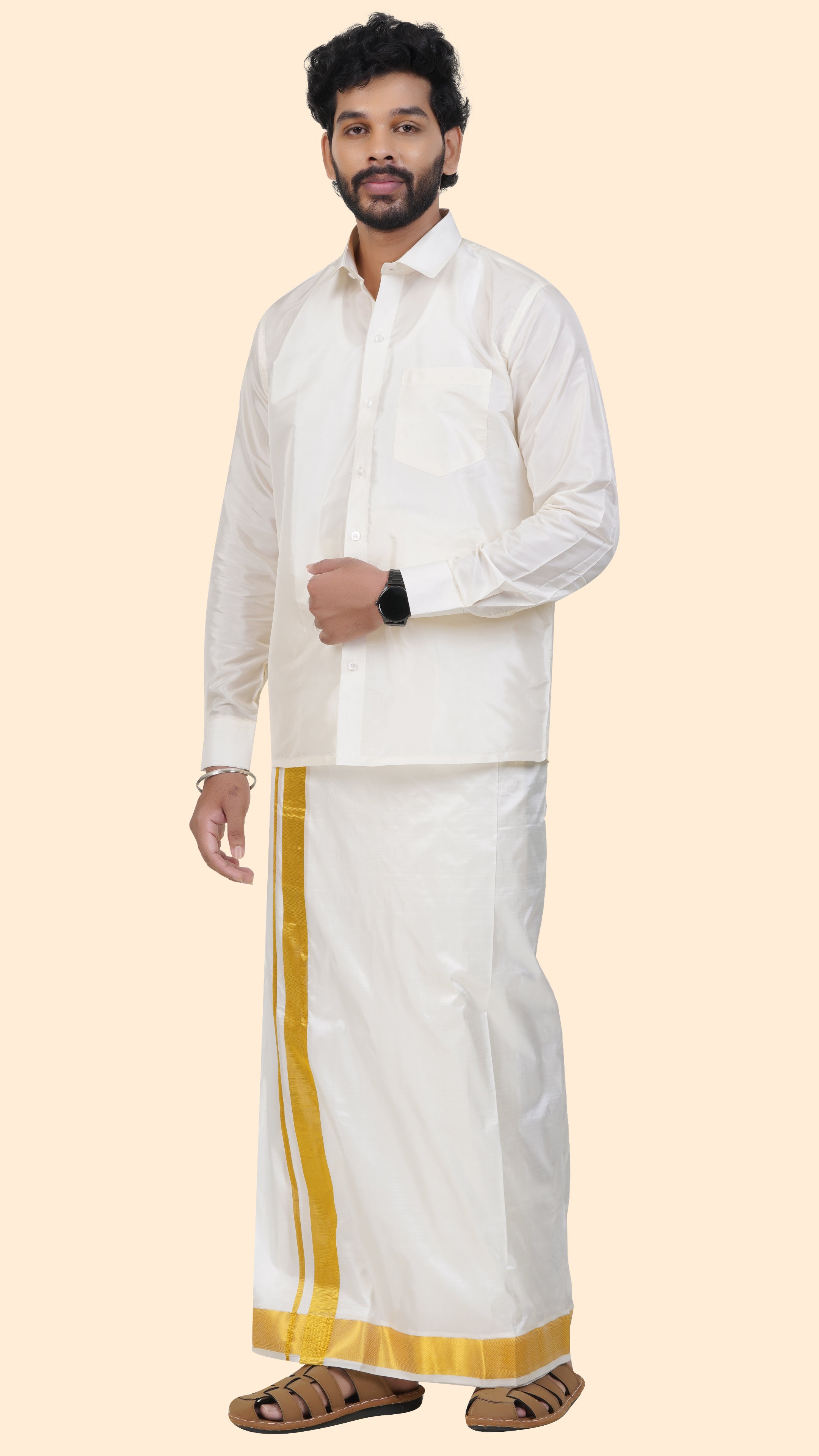 Pure Silk Cream Dhoti | Double Layer | 2" Gold Jari Border