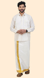 Pure Silk Cream Dhoti | Double Layer | 2" Gold Jari Border