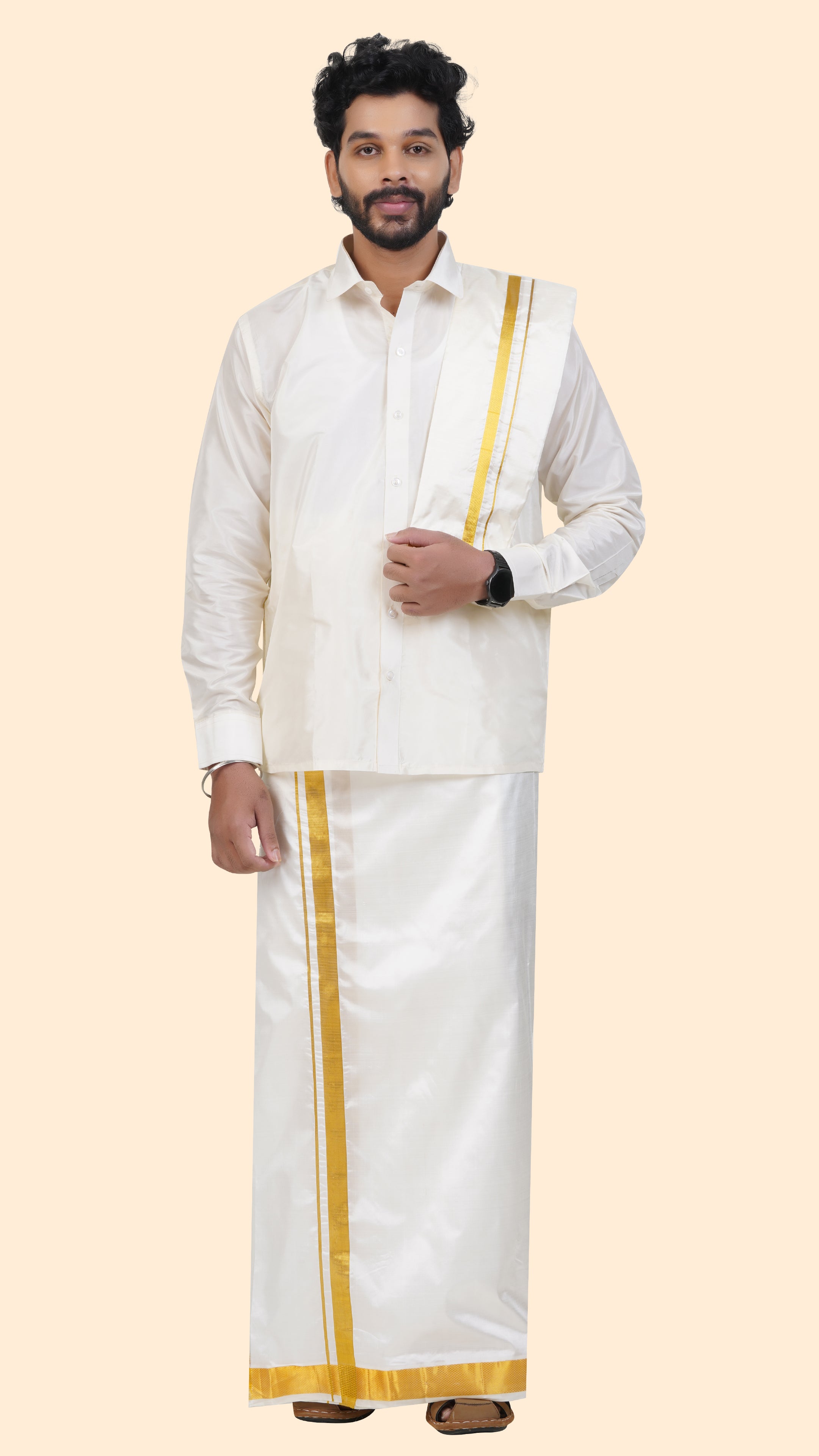 Pure Silk Cream Dhoti with Angavastram | Double Layer | 1 1/2" Gold Jari Border